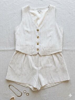 Hunter & Brown Linen-Blend Striped Vest & Shorts Set ~ Size Large